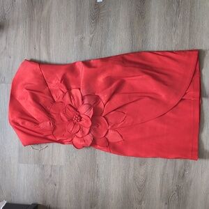 Strapless mini red semi-formal dress with flower detail